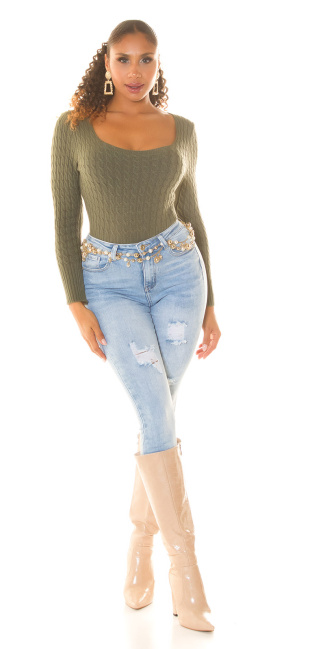 Hoge taille used-look jeans met push-up effect blauw